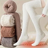 abordables Équipements de chauffage-chaussettes hautes duveteuses pour femmes, chaussettes chaudes et douces montantes jusqu'aux cuisses, chaussettes pantoufles confortables