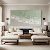 cheap Landscape Paintings-Hand painted Green Texture Sea oil painting handmade Wall Art Large Green Coastal Painting White Ocean Waves 3D Plaster Painting Minimalist Beach oil painting Wall Art painting Living Room Wall Art