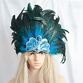 abordables Accesorios-Carnaval 2026 Accesorios de Samba del Carnaval de Río Adorno de Plumas para Mujeres - Accesorio de Cabeza de Lentejuelas Azul y Verde Pavo Real - Disfraz de Festival de Brasil