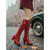 preiswerte Modische Stiefel-Rote, kniehohe Schnürstiefel für Damen mit Schleifendetail – stylische Stiefel mit Blockabsatz für Herbst und Winter