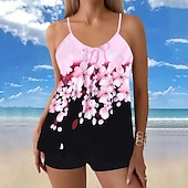 お買い得  タンキニ-女性用 スイムウェア 2ピース ショーツ 水着 バックレス 旅行度假风 ビーチウェア フラワー グラフィック Ｕネック ノースリーブ 水着