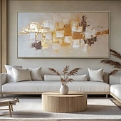 cheap Abstract Paintings-Handmade Oil Painting Canvas Wall Art Decoration Modern Golden Color Block Abstract for Home Decor Rolled Frameless Unstretched Painting