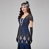 Χαμηλού Κόστους Φορέματα της δεκαετίας του 1920-Σετ Δροσμός 20ετών 1920 Μακρύ Φορέματα Τουαλέτα Σύνολα με αξεσουάρ Κοντά μανίκια Το Great Gatsby Καλεσμένος γάμου Πούλιες Λαιμόκοψη V Φανταχτερή Φόρεμα Γυναικεία