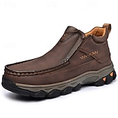 abordables Botas de montaña-Zapatos de trabajo sin cordones para hombre, de piel sintética marrón oscuro, con amortiguación: calzado resistente y con buen soporte para trabajos al aire libre y senderismo.