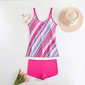 Χαμηλού Κόστους Τανκίνι-Γυναικεία Μαγιό 2 κομμάτι Σορτσάκια Μαγιό Εξώπλατο Διακοπές Ρούχα παραλίας Ριγέ Στρογγυλή Λαιμόκοψη Αμάνικο Μαγιό
