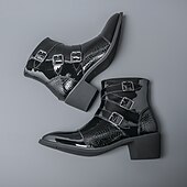 billiga Klädskor-Herrstövlar i vinröda lack i konstläder med tre spännen och krokodilstruktur – trendiga skor för kvällskläder, fester och speciella tillfällen