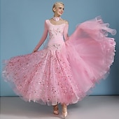economico Abbigliamento da Competizione-abito da ballo da sala da donna elegante rosa con paillettes e decorazioni floreali, spalle scoperte, abito da competizione per valzer, tango, rumba moderna