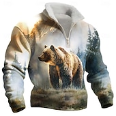 preiswerte Tierdruck-Herren Tiermotiv Bär Adler Fleece Pullover Mode Lässig 3D Stehkragen Viertelreißverschluss Outdoor Urlaub Geschenk Streetwear Blau Schwarz Grau Halber Reißverschluss Herbst Winter Designer S M L XL