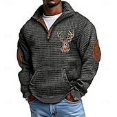 cheap Men's 3D Sweatshirts-Men's Sweatshirt Waffle Sweatshirt Quarter Zip Sweatshirt Black White Navy Blue Khaki Dark Gray Half Zip Reindeer Print Christmas Daily Holiday Polyester Streetwear Casual Bavarian Spring &amp;  Fall