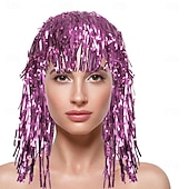 abordables Pelucas de carnaval-Peluca de carnaval 2026 Rubio Rosa Rojo Rizado Media Peluca sintética para festival Carnaval Desfile Cabello para disfraz de cosplay para Mujer