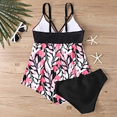 baratos Tankinis-Mulheres Roupa de Banho 2 partes Slip roupa de banho Frente Única Férias Roupa de Praia Floral Decote V Sem Manga Fatos de banho