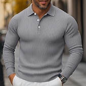 cheap Men's Classic Polo-Men's Rib Knit Top Textured Street Casual Lapel Long Sleeve Basic Modern Plain Buttons Spring Fall All Seasons Slim Fit Blue White Navy Blue Gray Rib Knit Top