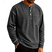 levne Ležérní tričko Henley-SoftFade™ Pánské tričko Henley T-shirt Tee dlouhý rukáv jednobarevné vintage retro ležérní styl obarvené vybledlé Henley ležérní jaro podzim černá šedá světle modrá Henley T-Shirt