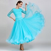 economico Sala da Ballo Standard-Abito da allenamento per ballo da sala da donna, elegante, nero, con maniche in pizzo, scollo a barca, valzer, tango, rumba moderna