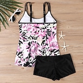 billiga Tankinis-Dam Badkläder 2 st Shorts Baddräkt Öppen rygg Semester Standkläder Blommig U-hals Ärmlös Baddräkter