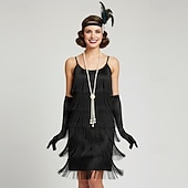ieftine Rochii din anii 1920-Set Urlați 20 de ani Anii 1920 Lungime Genunchi Rochii Rochie Flapper Ținute cu accesorii Fără mâneci Gatsby Charleston Invitat la nuntă Franjuri Pană Scoateți gâtul Costume de fancy Pentru femei