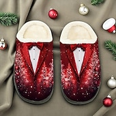 abordables Pantoufles &amp; tongs-Chaussons imprimés smoking de Noël pour hommes - Design smoking classique, pantoufles doublées de peluche pour hommes, thème des fêtes pour les fêtes de Noël, détente et cadeaux de vacances