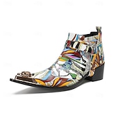 halpa Ensiluokkaiset nahkasaappaat-Miesten värikkäät ja taiteelliset aidosta nahasta valmistetut nilkkurit - monivärinen muotoilu vetoketjulla ja kiiltävillä metallisilla yksityiskohdilla, ihanteellinen muodikkaaseen vapaa-ajan käyttöön ja erityistilaisuuksiin