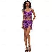 preiswerte Oberteile &amp; Sets-Samba Tanzmode Damen Strahlendes Silber Pailletten Fransen 2 Stück Set - Halter Crop Top  Rock Outfit  Rave Partysl Performance Kostüm