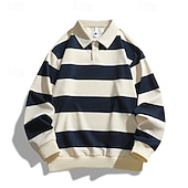  Herren Poloshirts Rugby-Poloshirts Lässig Straße Revers Langarm Basic Modern Horizontale Streifen Knöpfe Frühling Herbst Normale Passform Koffee Marineblau Grün Poloshirts