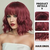 baratos Perucas de festa-Perucas sintéticas Ondulado Trama Curly Corte Assimétrico Franja Lisa Fabrico à Máquina Peruca 14 polegadas Vermelho Vinho Cabelo Sintético Mulheres Clássico Confortável Requintado Vinho