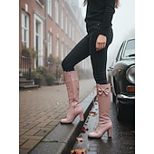 preiswerte Modische Stiefel-Rote, kniehohe Schnürstiefel für Damen mit Schleifendetail – stylische Stiefel mit Blockabsatz für Herbst und Winter