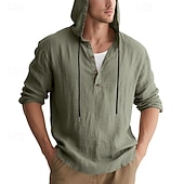cheap Men's Popover Shirts-Men's Shirt Popover Shirt Summer Shirt Casual Shirt Beach Shirt Black White Yellow Navy Blue khaki Long Sleeve Solid Color Hooded Vacation Casual Drawstring Clothing Apparel Fashion Casual Comfortable