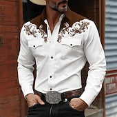 preiswerte Westernhemden für Herren-Herren Blumendruck Ethnisch Blumen Hemd Westernhemd Cowboy-Shirt Langarm Vintage-Retro Lässig Outdoor Arbeitskleidung Frühling Herbst Umlegekragen Zwei Fronttaschen Leinenähnliches Hemd Hemden mit