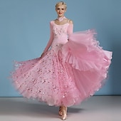 economico Abbigliamento da Competizione-abito da ballo da sala da donna elegante rosa con paillettes e decorazioni floreali, spalle scoperte, abito da competizione per valzer, tango, rumba moderna