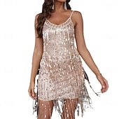 economico Abiti da Pratica-Abito in paillettes con frange elegante da donna di Samba Dancewear - Vestito mini senza maniche scintillante a V per cocktail e feste flapper
