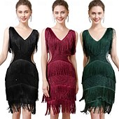 baratos Vestidos dos anos 1920-Roaring 20s 1920s Knee Length Flapper Dress Sleeveless The Great Gatsby Flapper Girl Sequins Fringe V Neck Fancy Dress Women's Christmas Carnival speakeasy Masquerade Retro Theme Party Adults Dress