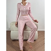 preiswerte Damen Schlafoberteile und -unterteile-Damen Schlafanzug Set Lässig Komfort Blumen Elastischer Bund Hose Heim Täglich Langarm V Ausschnitt Blau Schwarz Weiß Rosa Frühling Herbst Normale Passform