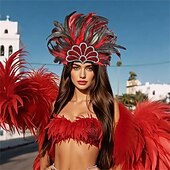 Недорогие Аксессуары-Карнавальная ночь 2026. Рио Карнавальная самба Аксессуары Красный и черный головной убор с перьями для женщин на фестивале Марди Гра - танцевальный аксессуар для фестиваля Бразилия