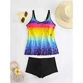 preiswerte Tankinis-Damen Badeanzug Tankini Zweiteilig Shorts Bademode Bauchkontrolle Hohe Taille Schlank Rückenfrei Urlaub Strandbekleidung Ombre Farbblock V Ausschnitt Ärmellos Badeanzüge