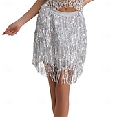 cheap Belly Dancewear-Samba Dancewear Belly Dance Sequin Tassel Skirt Half Bead Performance Skirtl Performance Costume