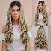 cheap Party Wigs-Synthetic Wig Wavy Curly Weave Middle Part Asymmetrical Deep Parting Machine Made Wig 26 inch Black / Gold Synthetic Hair Women's Classic Comfortable Color Gradient Mixed Color