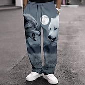 お買い得  メンズプリントスウェットパンツ-男性用 動物 オオカミ 月光 スウェットパンツ ズボン カジュアルパンツ ミディアムウエスト ヴィンテージレトロ アウトドア ハンティング いい結果 伸縮性のあるドローストリングウエスト ポケット付きストレートレッグパンツ 春 秋 3Dプリント ブルー グレー