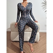 preiswerte Damen Schlafoberteile und -unterteile-Damen Schlafanzug Set Lässig Komfort Blumen Elastischer Bund Hose Heim Täglich Langarm V Ausschnitt Blau Schwarz Weiß Rosa Frühling Herbst Normale Passform