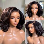 preiswerte Echthaarperücken mit Stirn-Spitzenkappe-Remy Echthaar 5x5 Verschluss 13x4 Spitzenfront Perücke Kurzer Bob Brasilianisches Haar Lockere Welle Schwarz Perücke 150% 180% Haardichte mit Babyhaaren 100% Unbehandelt Kleberfrei Vorgerupft Für