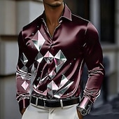 preiswerte Herren Satin Hemd-Herren Geometrisch Karo / Karomuster Glas Hemd Satinhemd Kleidhemd Langarm Business-Casual Urlaub Alltagskleidung Sommer Frühling Herbst Umlegekragen 3D-Druck Hemden mit Knopfleiste Dunkelrot