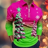 billiga Julgransoutfit-Jul Herr Julgran Polo Långärmad Polotröjor Kavajslag Ledigt Helgdag Dagliga kläder Festivalkläder 3D-utskrift Quarter Zip Polo Vår Höst Vinter Blå Sjöblå Rubinrött