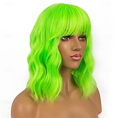  Green Wigs Synthetic Wig Curly Bob With Bangs Short Green Synthetic Hair Women Soft Fashion