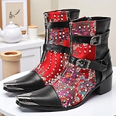 halpa Ensiluokkaiset nahkasaappaat-Miesten punamustat nastakengät – rock-henkinen muotoilu, mukavat ja kestävät, sopivat erinomaisesti rentoon arkeen, katutyyliin ja tapahtumiin