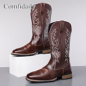 voordelige Cowboy &amp; Western Boots-Bruine cowboylaarzen van imitatieleer voor heren – klassieke westernstijl met geborduurde details, perfect voor kerstfeestjes en casual uitjes