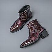 billiga Klädskor-Herrstövlar i vinröda lack i konstläder med tre spännen och krokodilstruktur – trendiga skor för kvällskläder, fester och speciella tillfällen