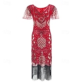 baratos Vestidos dos anos 1920-Loucos anos 20 Anos 20 Meio-dia Vestido melindroso Mangas curtas O Grande Gatsby Menina melindrosa Paetês Franja Tubinho Decote V Fantasia Mulheres Natal Carnaval bar clandestino Mascarilha Festa