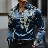 cheap Men's Satin Shirt-Men's Floral Print Ethnic Flowers Shirt Satin Shirt Dress Shirt Long Sleeve Vintage Retro Vacation Dailywear Summer Spring Fall Turndown 3D Print Button Up Shirts Blue Dark Red Dark Green Green