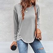 cheap Plain tee-Women's Blouse Buttons Plain Tropical Stylish Casual Long Sleeve Crew Neck Regular Tops Daily Holiday Going out Navy Blue Light Grey Light Blue Fall Winter