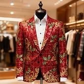 billige Julesceneantrekk-Jul Herre Grafisk Blazer jakke Frakk Bekvem Kunstnerisk Fritid Festkveldsklær Daglig Festival 3D-utskrift Knapper Høst vinter Med hakk Langermet Blå Rød Lilla