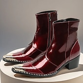 Χαμηλού Κόστους Premium Δερμάτινες Μπότες-ανδρικά γυαλιστερά κόκκινα δερμάτινα μποτάκια μέχρι τον αστράγαλο – κομψά γυαλιστερά με άνετο, στιβαρό τακούνι, κομψή επιλογή για χριστουγεννιάτικες εκδηλώσεις